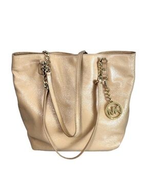 Michael Kors Jet Set Chain Tote Leather Bag Tan Beige Gold